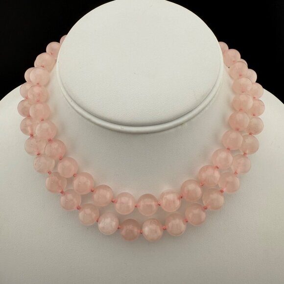 Pink Rose Quartz Gemstone Beaded Necklace Single Long Strand Polished Round Bead - Picture 1 of 6